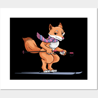 Fox with scarf as skier with skis Posters and Art